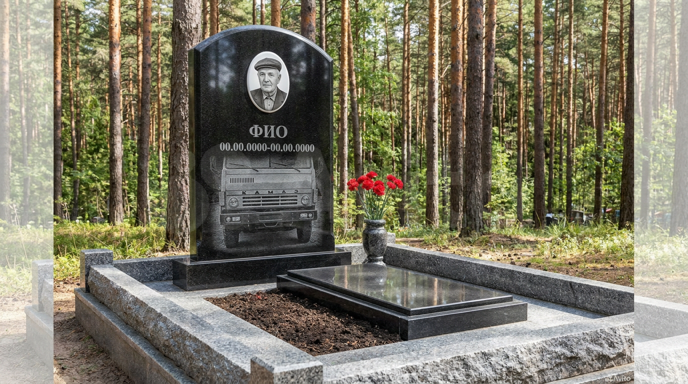 Пример дизайна: Гранитный памятник дальнобойщику в форме арки с трассой