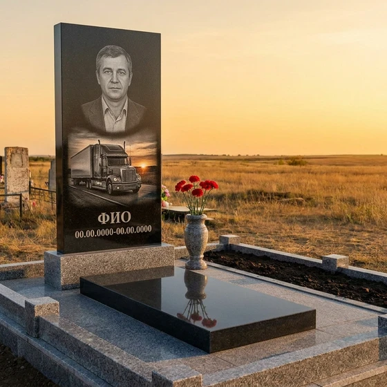 Гранитный памятник дальнобойщику с трассой
