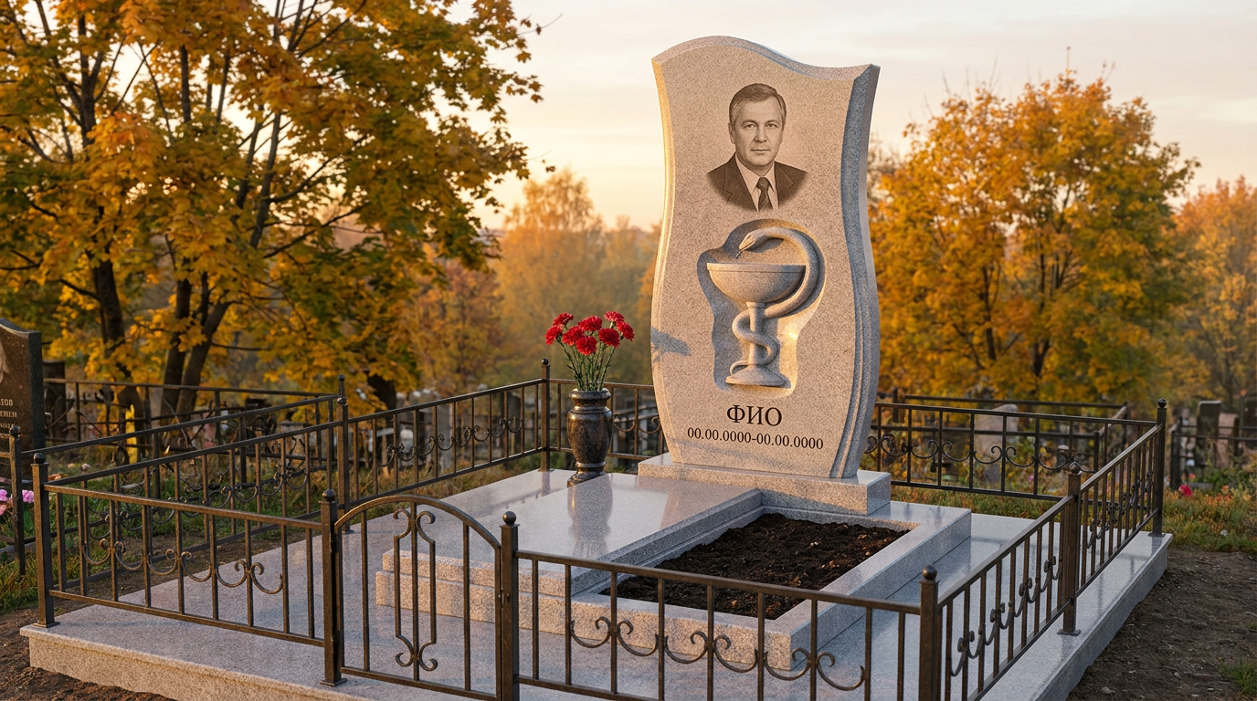 Пример дизайна: Гранитный памятник врачу с кадуцеем