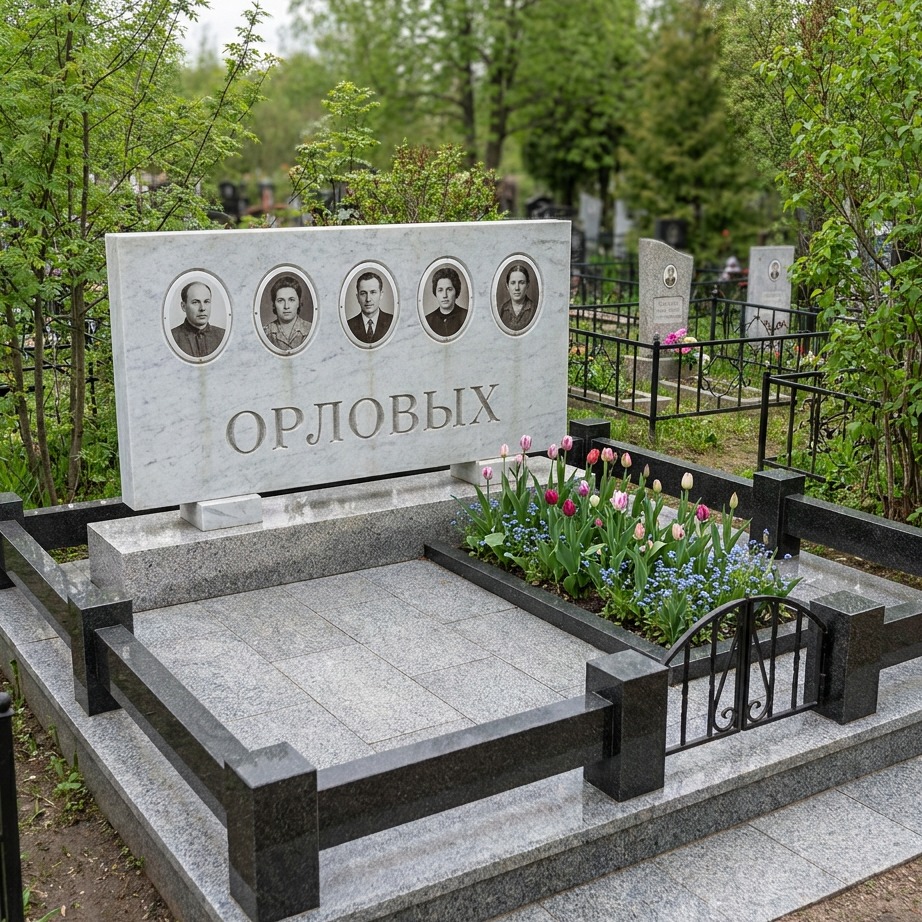 Пример дизайна: Семейный памятник из белого мрамора на пять человек — фото и цена