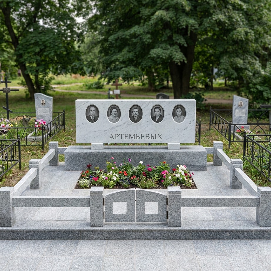 Пример дизайна: Семейный мемориал на пять человек из белого мрамора — фото и цена