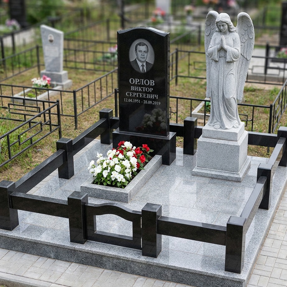 Пример дизайна: Памятник из чёрного гранита со скульптурой скорбящего ангела из белого мрамора — фото и цена