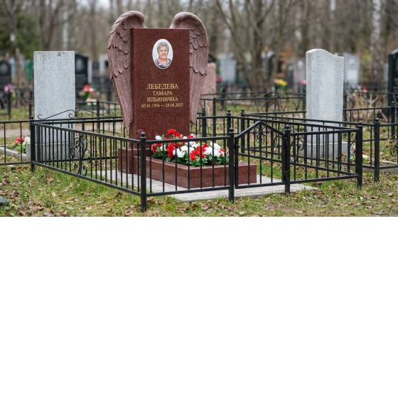 Мемориал с крыльями ангела из красного гранита