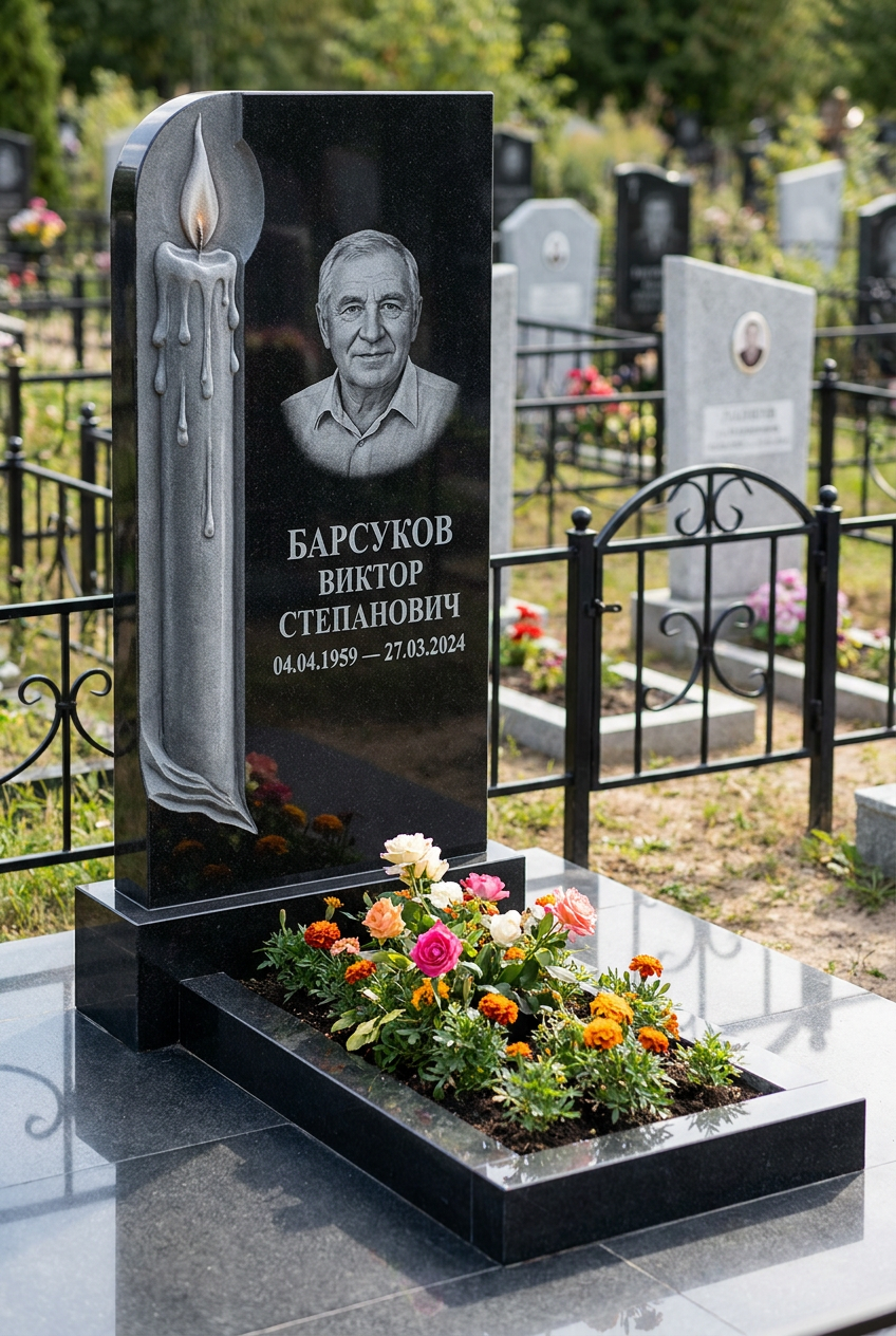 Пример дизайна: Памятник с горящей свечой из черного габбро-диабаза с портретом