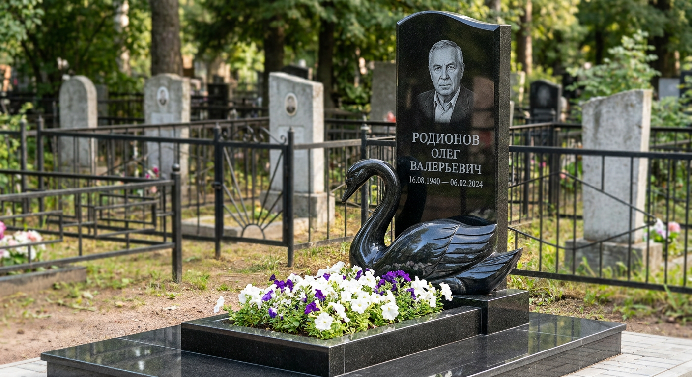 Пример дизайна: Памятник с лебедем из черного габбро-диабаза с глубокой резьбой
