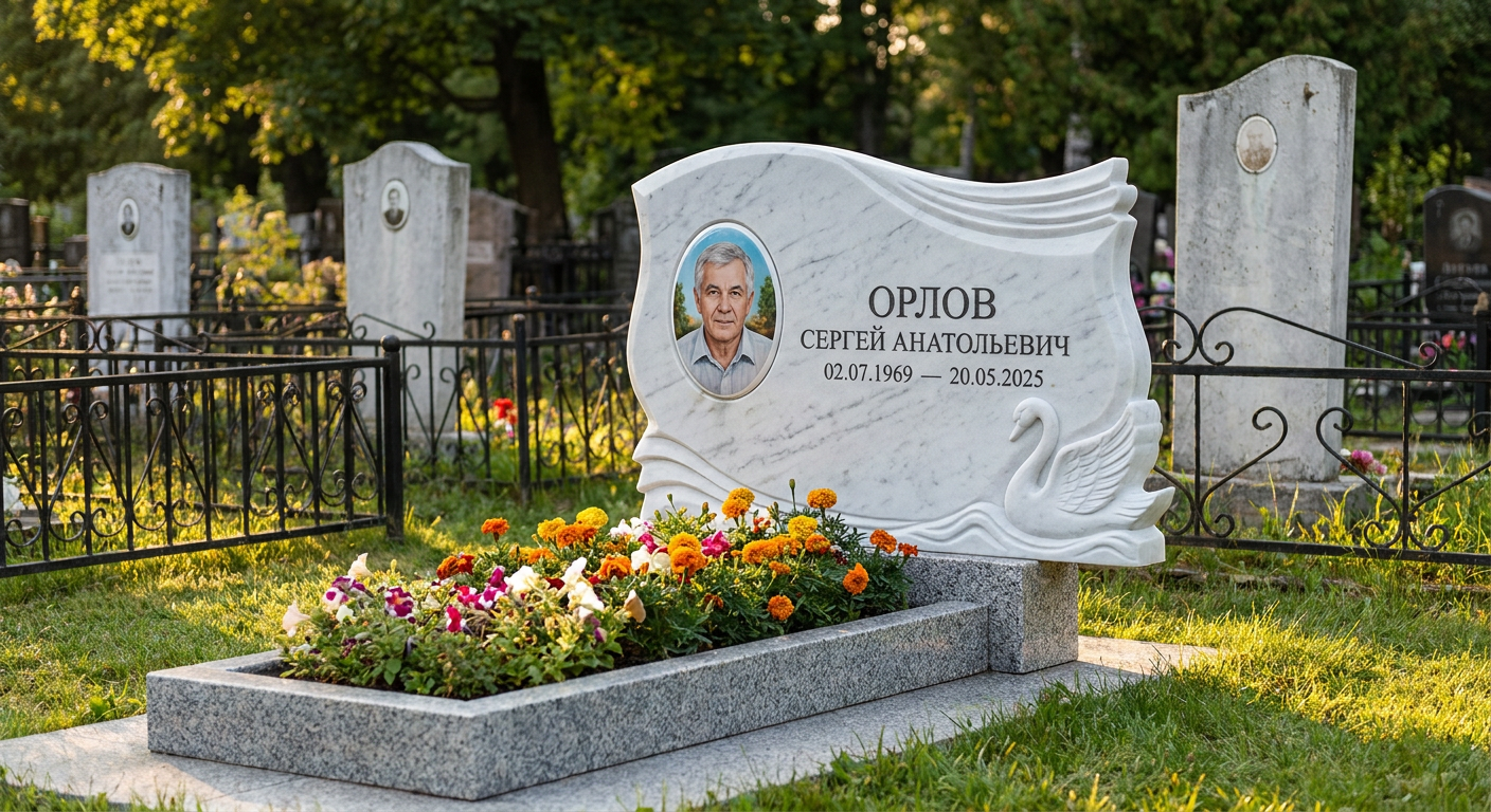 Пример дизайна: Памятник с лебедем из белого мрамора с портретом