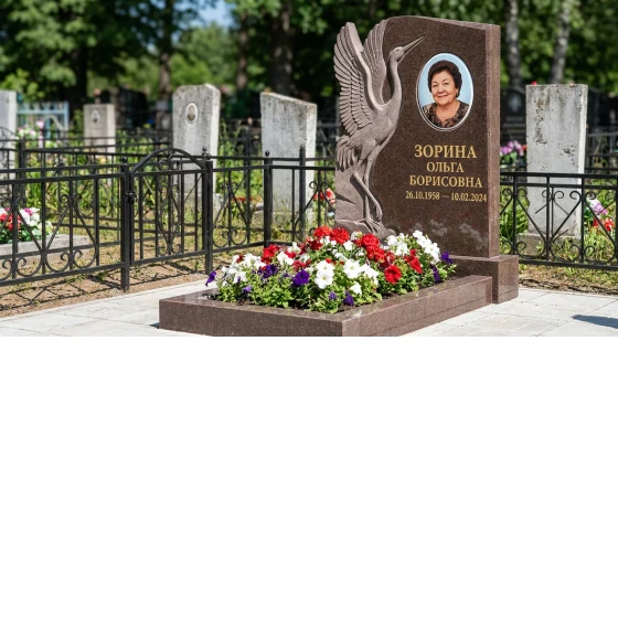 Памятник с журавлем из дымовского гранита с фотопортретом