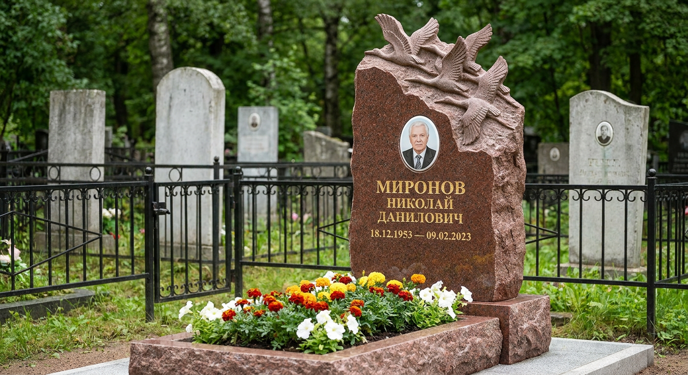 Пример дизайна: Памятник с клином журавлей из лезниковского гранита с портретом