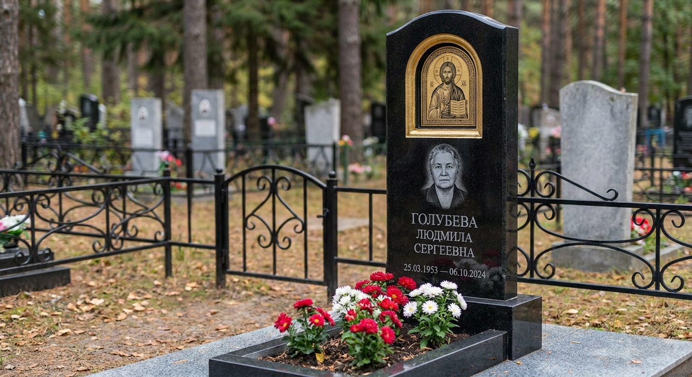 Пример дизайна: Гранитный памятник строгой формы с гравировкой голубей — фото и цена