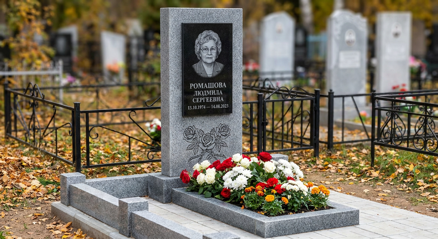 Пример дизайна: Комбинированный памятник фигурный с крестом и цветником — фото и цена