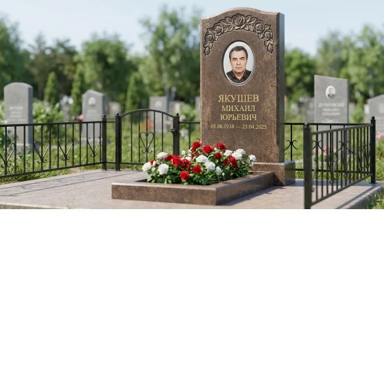 Памятник с гирляндой роз из дымовского гранита с портретом