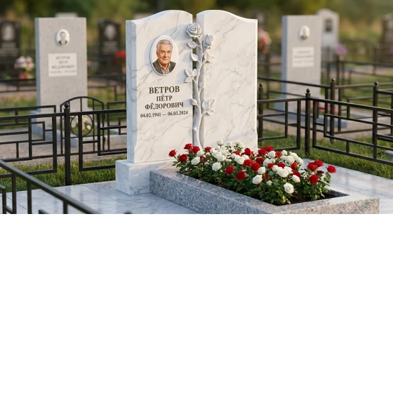 Мемориал с розой из белого мрамора с фотопортретом