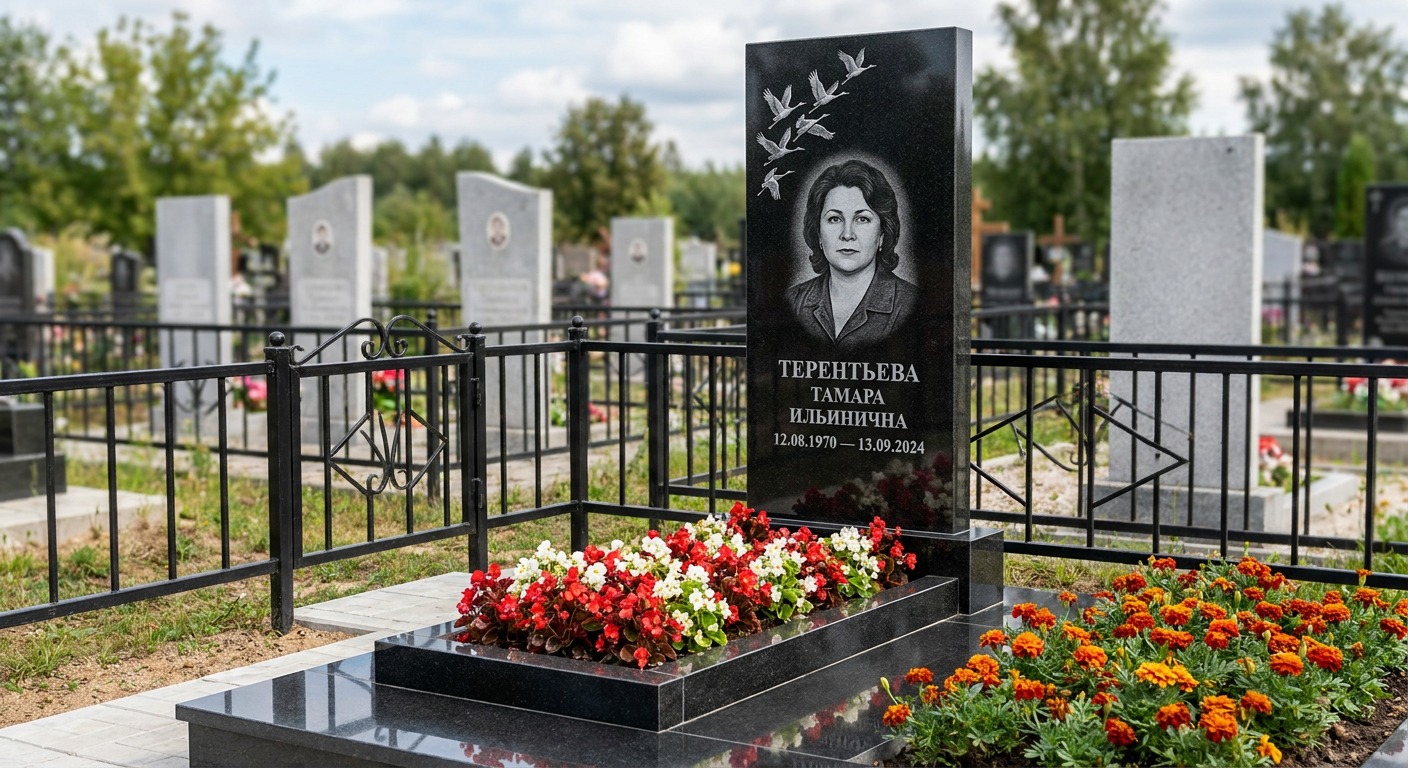 Пример дизайна: памятник с журавлями из черного габбро-диабаза с портретом