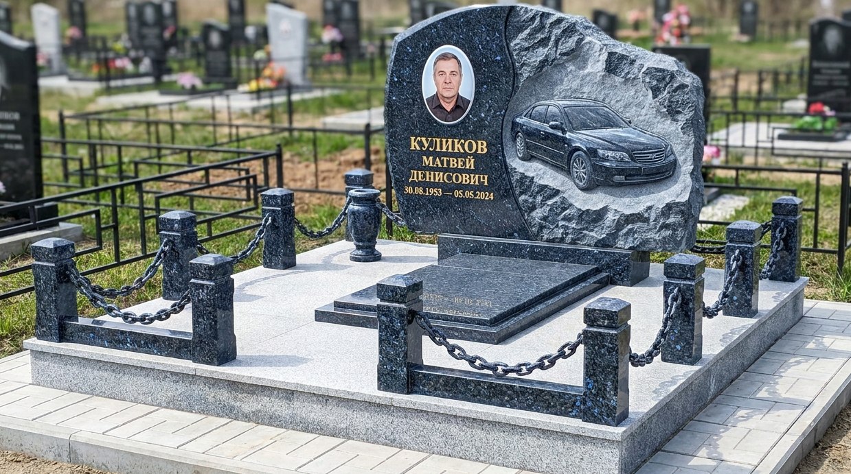Пример дизайна: Гранитный памятник Скала с гравировкой автомобиля — фото и цена