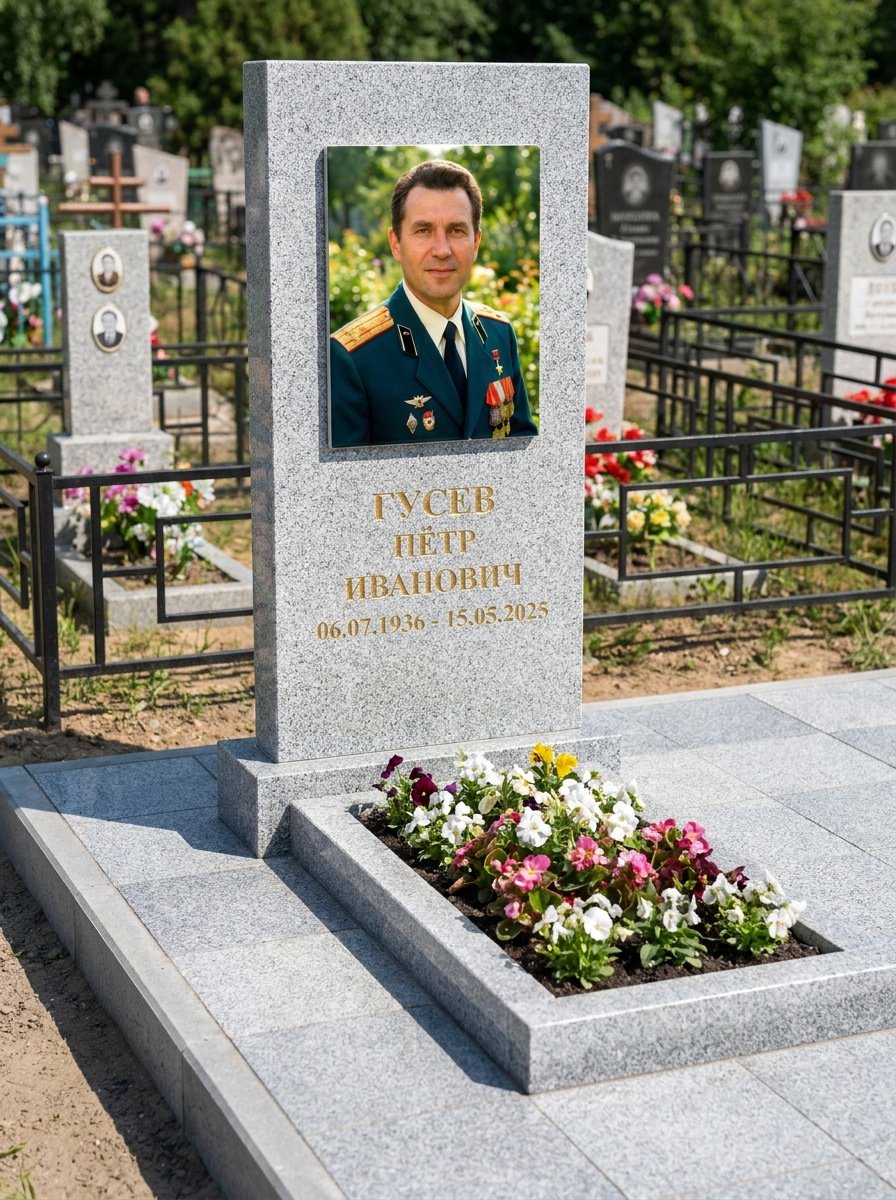 Портрет на памятнике в Москве — Прямоугольник на гранитной стеле, ФИО и даты на портрете